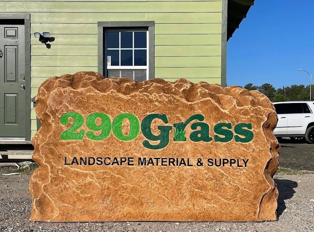 Custom commercial sign made of cultured stone in Houston by Bedrock Boulders