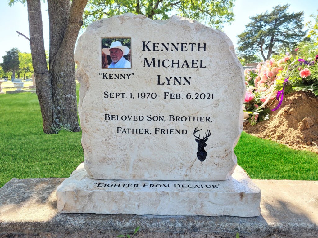 Custom headstone made of cultured stone in Houston by Bedrock Boulders