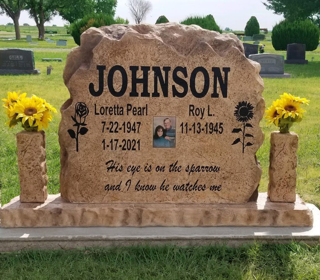 Custom headstone made of cultured stone in Houston by Bedrock Boulders