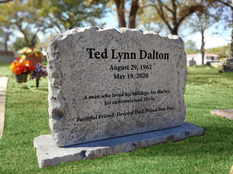 Custom headstone made of cultured stone in Houston by Bedrock Boulders