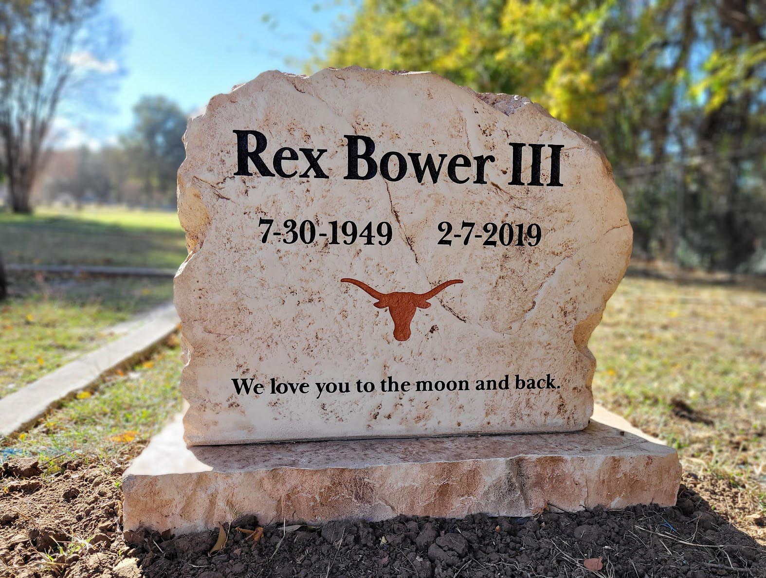 Custom headstone made of cultured stone in Houston by Bedrock Boulders