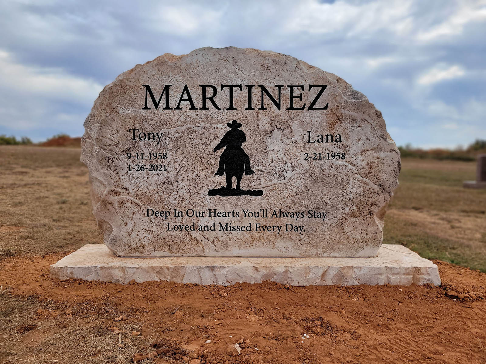 Custom headstone made of cultured stone in Houston by Bedrock Boulders