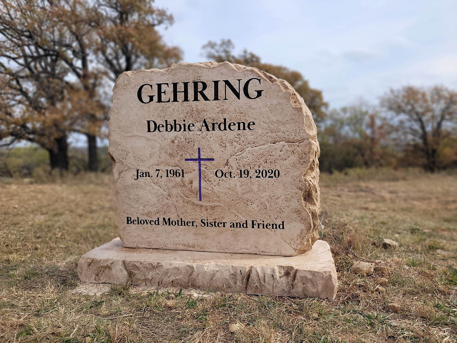 Custom headstone made of cultured stone in Houston by Bedrock Boulders