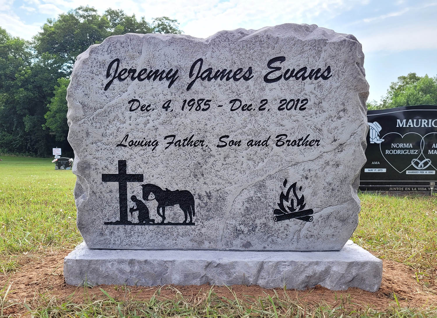 Custom headstone made of cultured stone in Houston by Bedrock Boulders