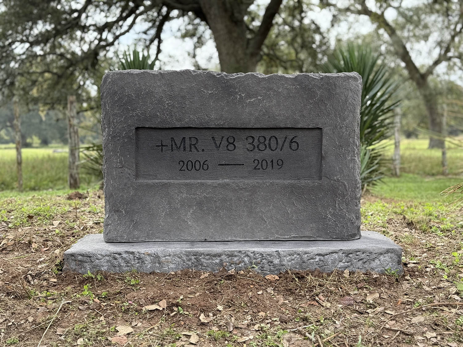 Custom headstone made of cultured stone in Houston by Bedrock Boulders