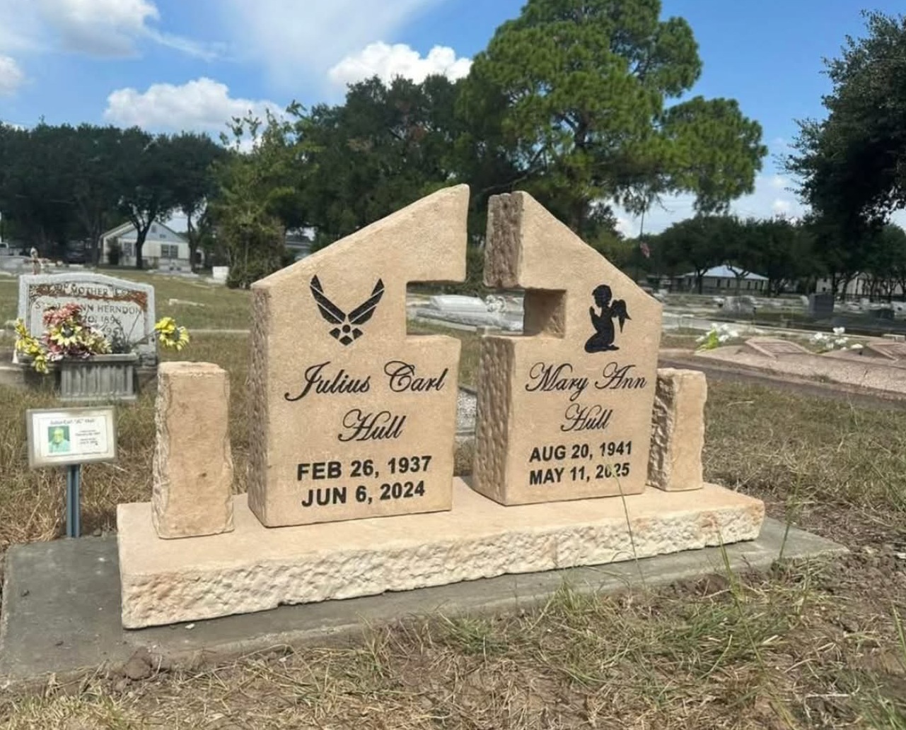 Custom headstone made of cultured stone in Houston by Bedrock Boulders