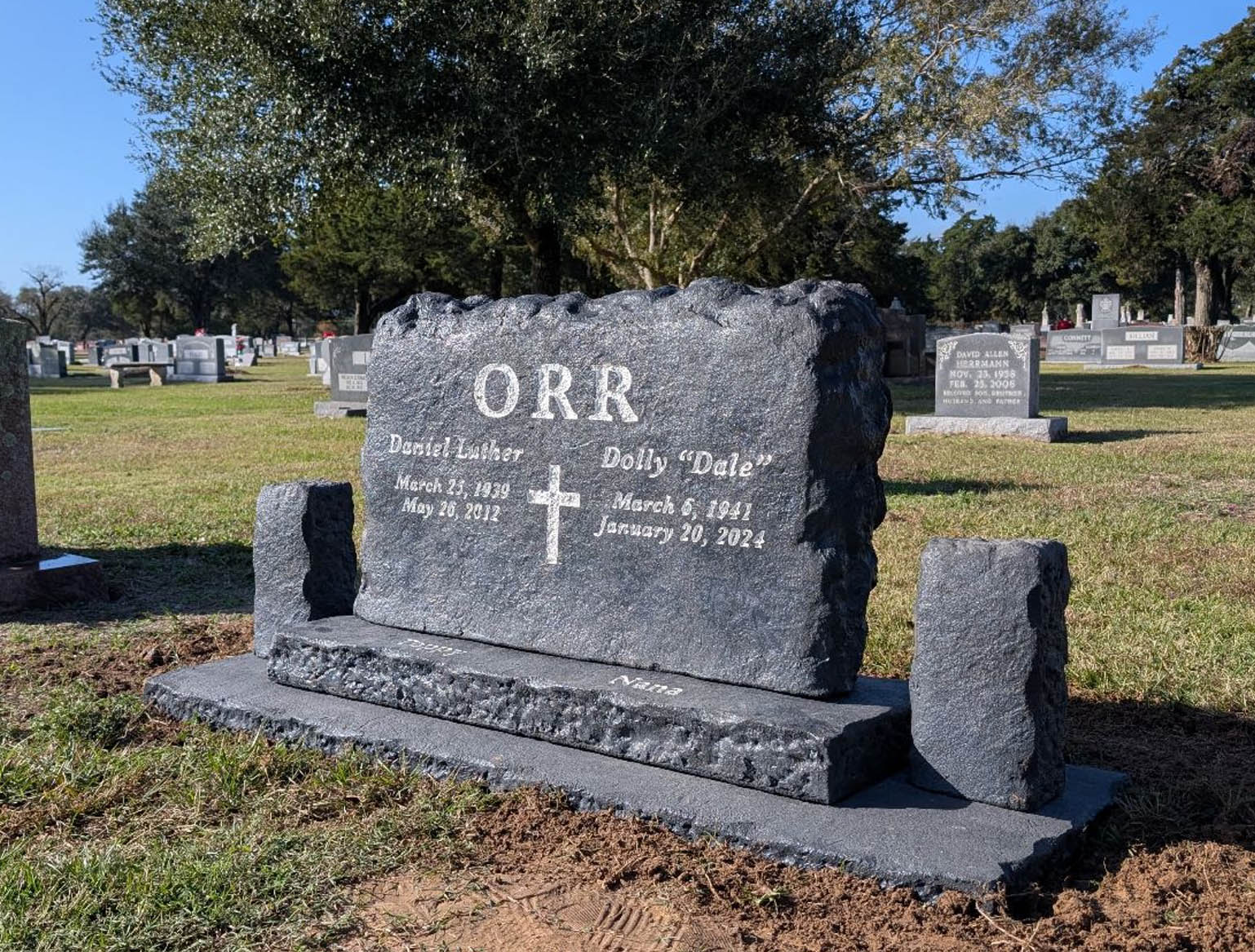 Custom headstone made of cultured stone in Houston by Bedrock Boulders