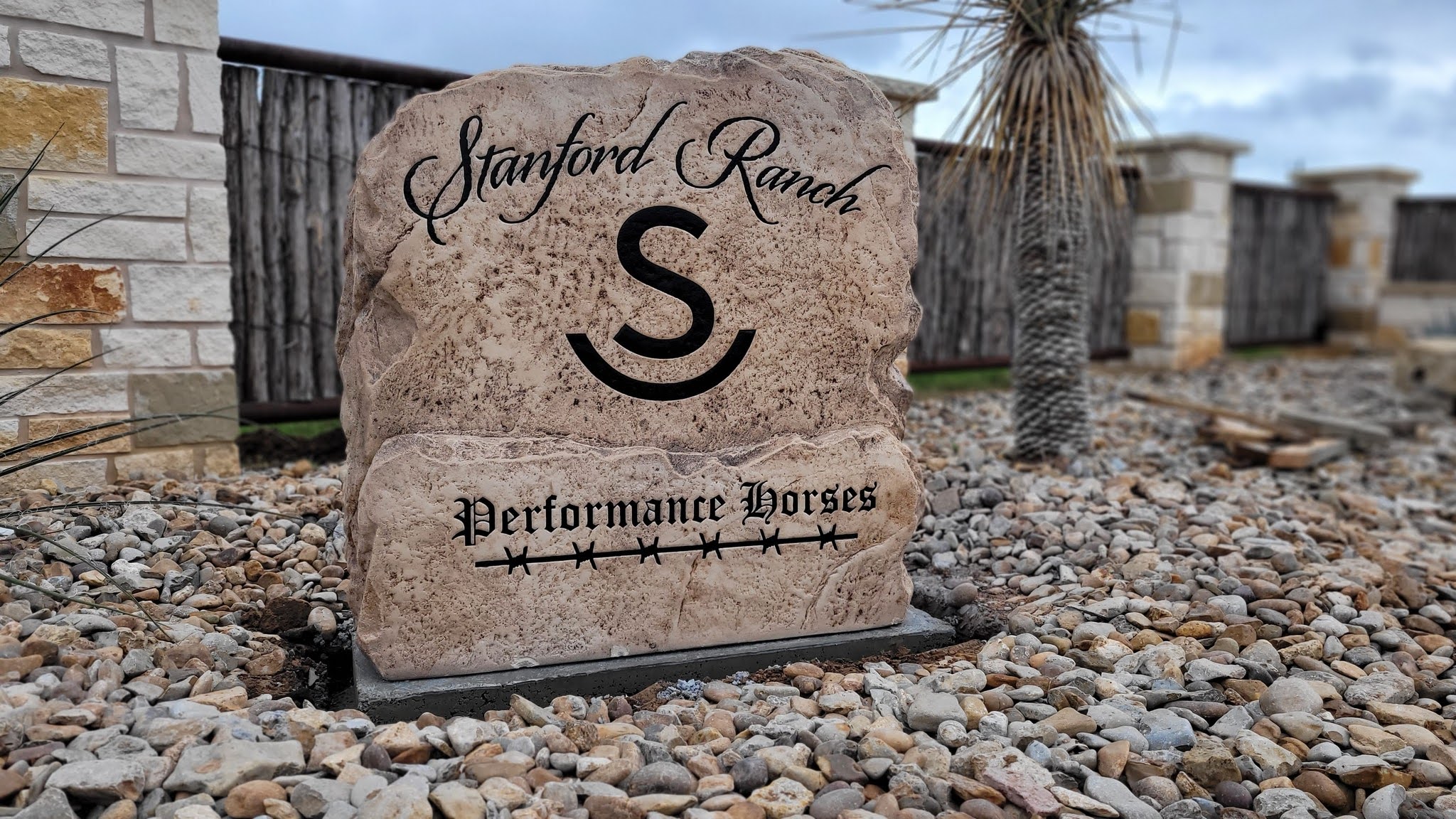 Custom ranch sign made of cultured stone in Houston by Bedrock Boulders