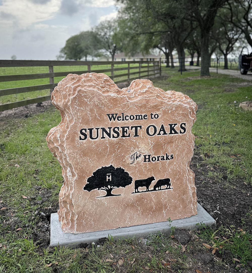 Custom ranch sign made of cultured stone in Houston by Bedrock Boulders