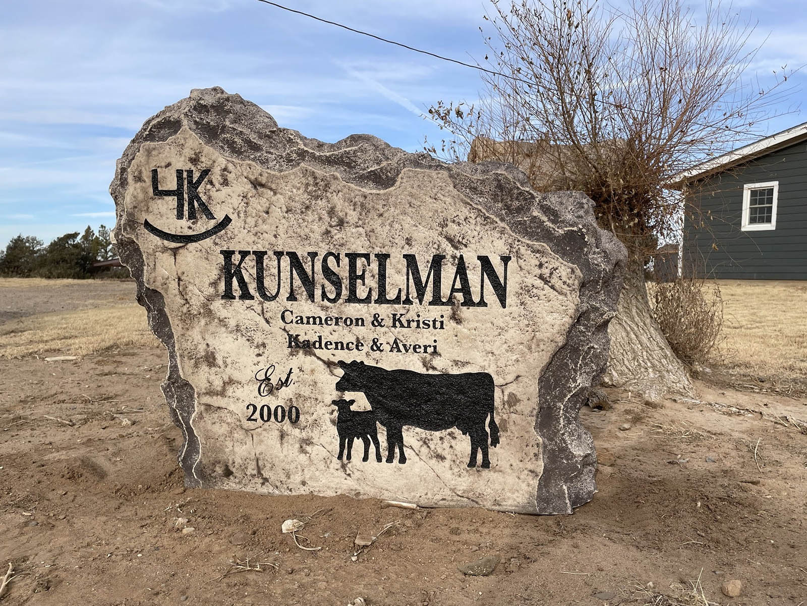 Custom ranch sign made of cultured stone in Houston by Bedrock Boulders