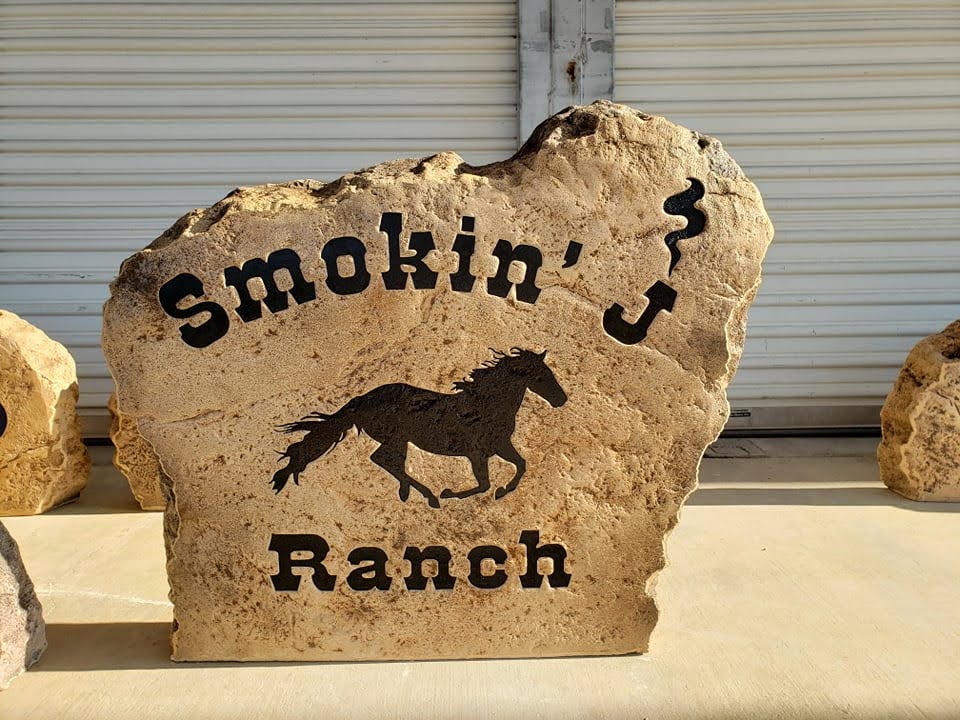 Custom ranch sign made of cultured stone in Houston by Bedrock Boulders
