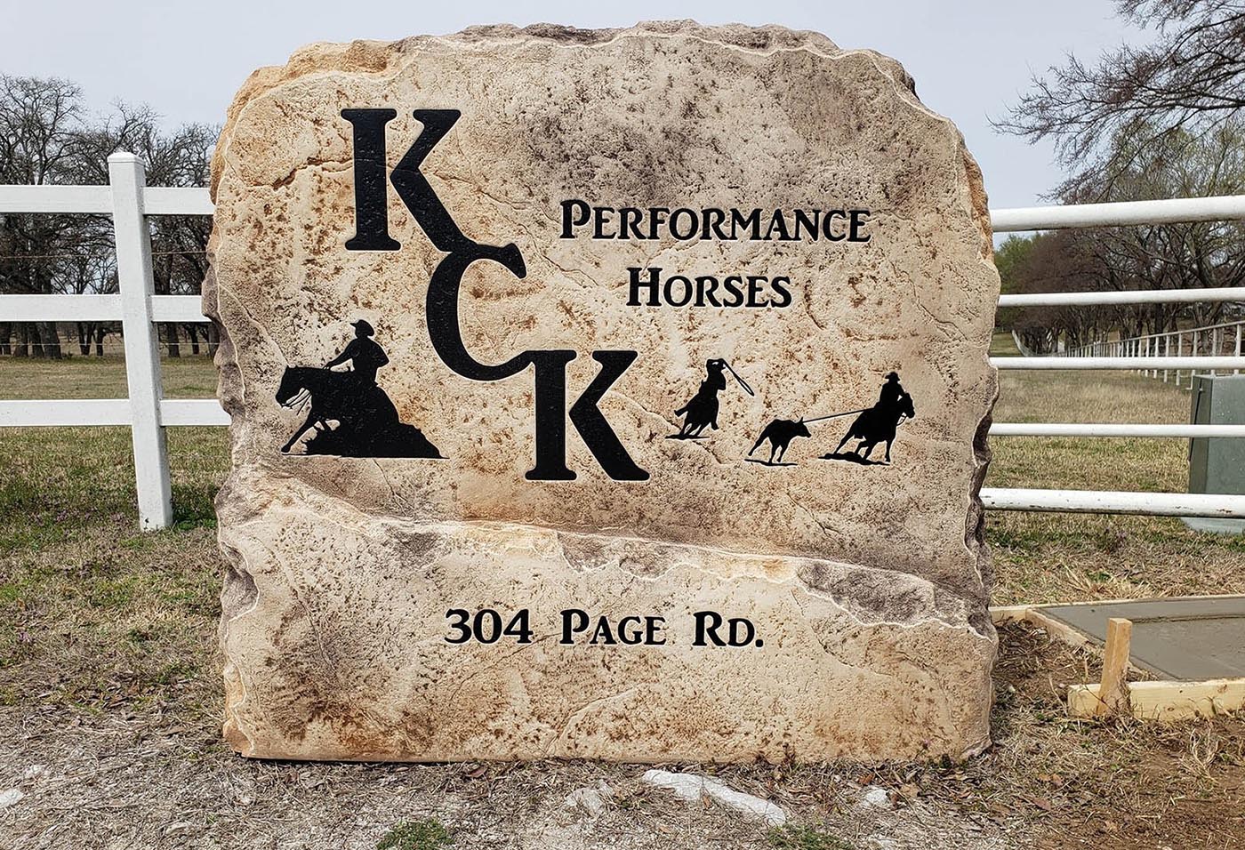 Custom ranch sign made of cultured stone in Houston by Bedrock Boulders