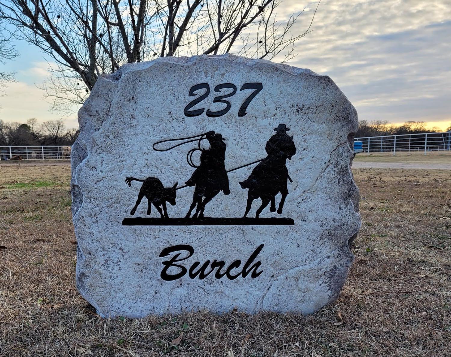 Custom ranch sign made of cultured stone in Houston by Bedrock Boulders