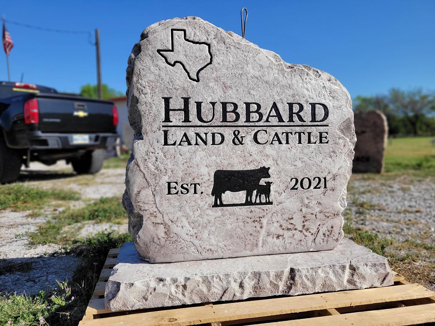 Custom ranch sign made of cultured stone in Houston by Bedrock Boulders